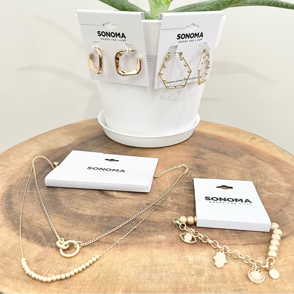 Gold, Hasma, evil eye bracelet, double layered necklace and earring